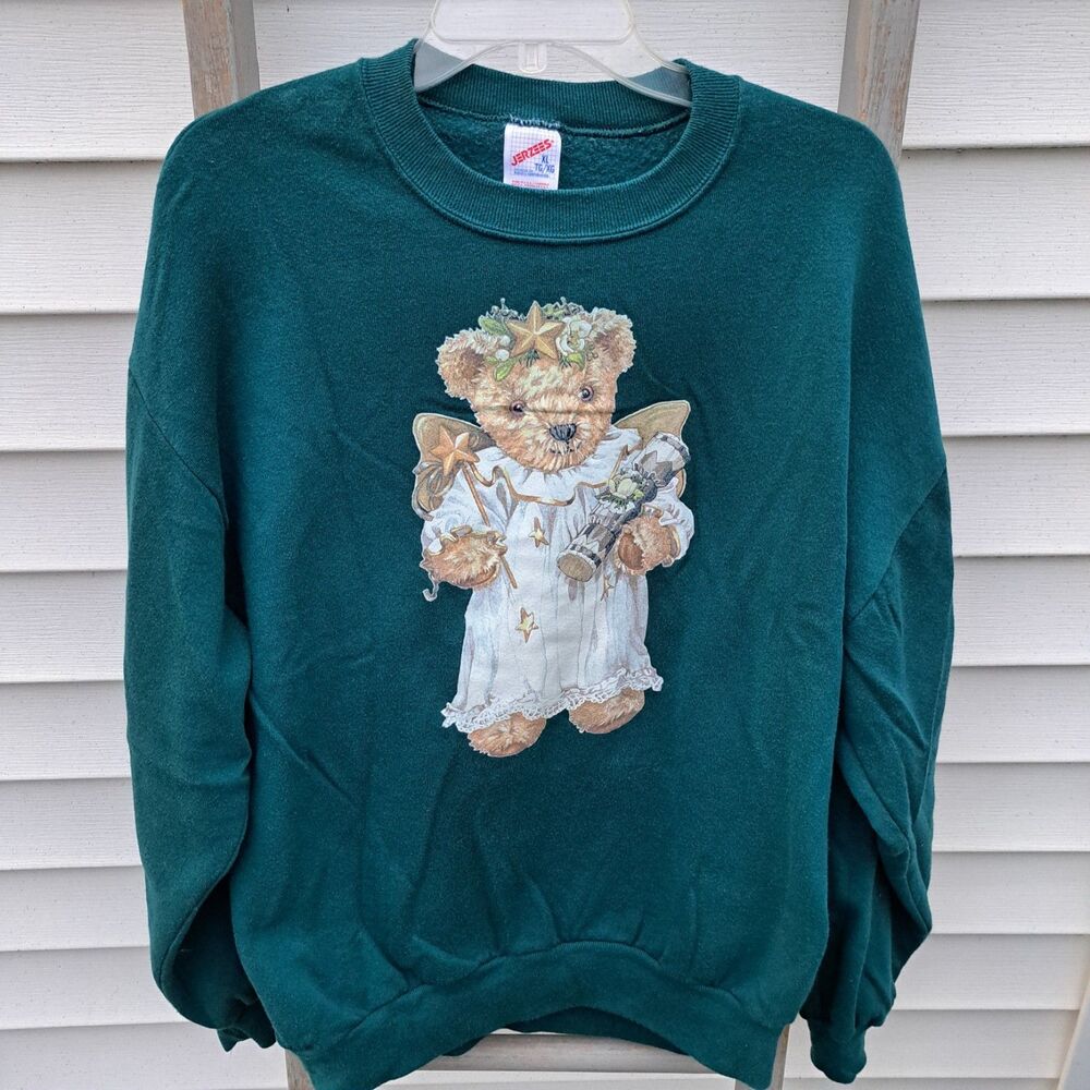Vintage Jerzees Christmas Angel Teddy Bear Sweatshirt Crewneck XL Green 90s Teal